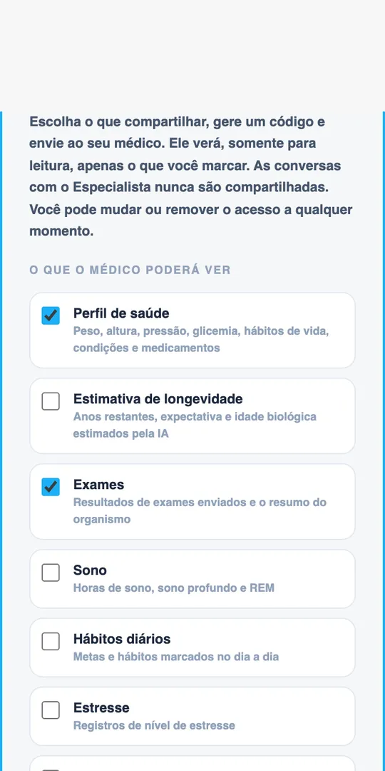 Tela de compartilhar com o médico